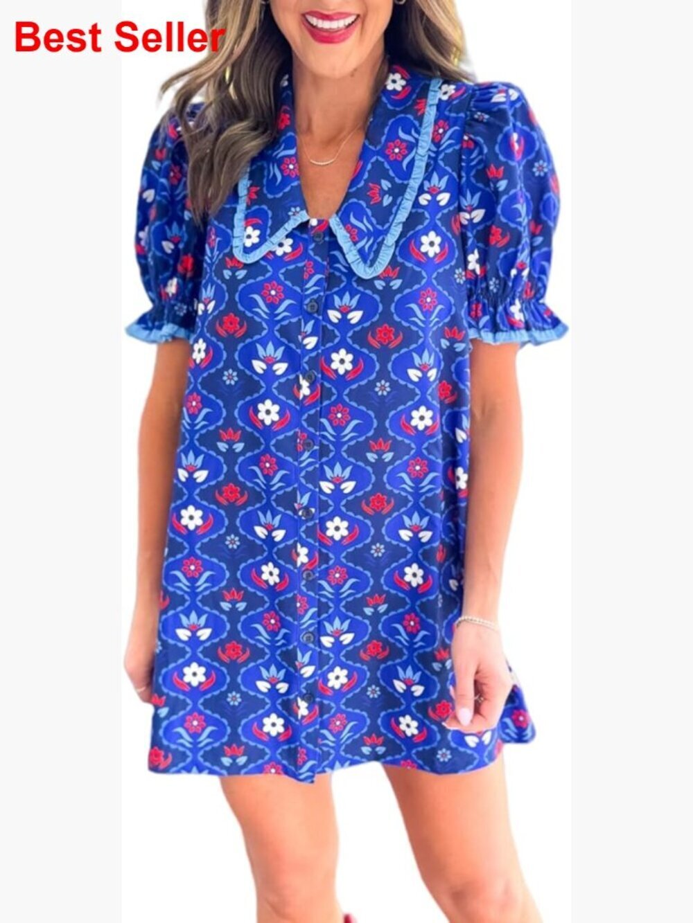Polyester Floral Babydoll Mini Dress with Puff Sleeves and V-Neck